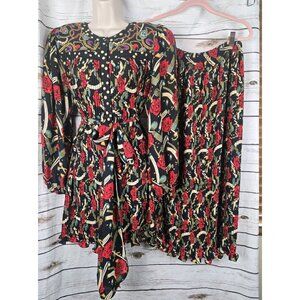 Diane Freis Roses Jewelry Print Skirt Set Georgette Pleated Tunic 2 Pc Red Black